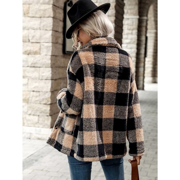 LAST 1 ❤️ Black brown Buffalo Plaid Dual Pocket fuzzy teddy Coat preppy - Picture 2 of 3